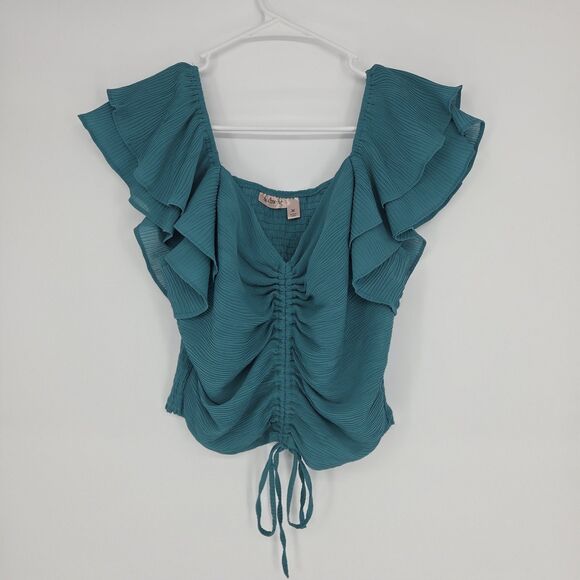 willow & root Tops - Willow & Root Womens Teal Smocked Ruched Tie Front Ruffle Chiffon Blouse Medium